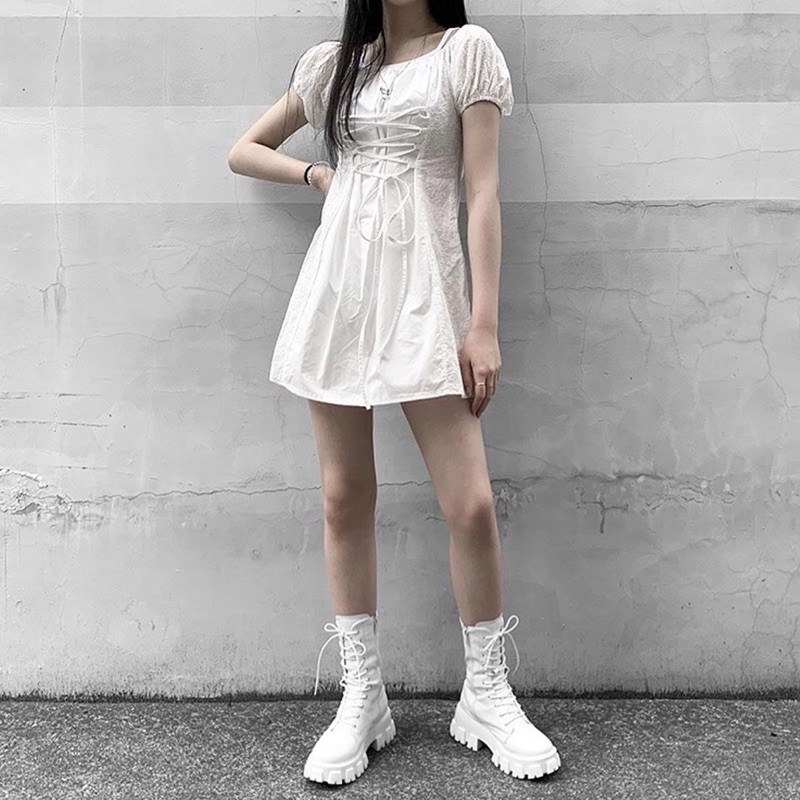 Giày boots nữ cổ cao trắng - giày boots chiến binh