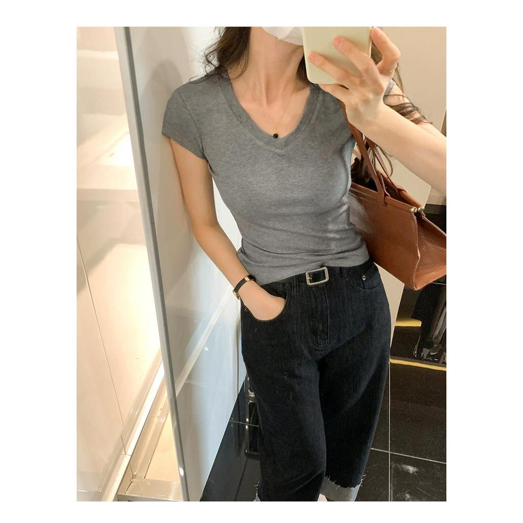 Áo Thun Ngắn Tay Cổ Chữ V Dáng Ôm Thoải Mái 63891