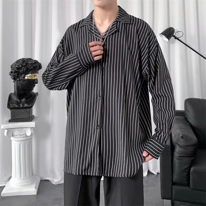 Korean Fashion Striped Striped Neck Long Sleeve Shirt for Men
