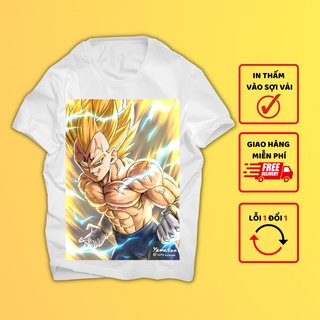 Áo Vegeta super Saiyan Blue màu trắng cổ tròn - in thấm vào sợi vải, hình in sắc nét, không bong tróc, không phai màu