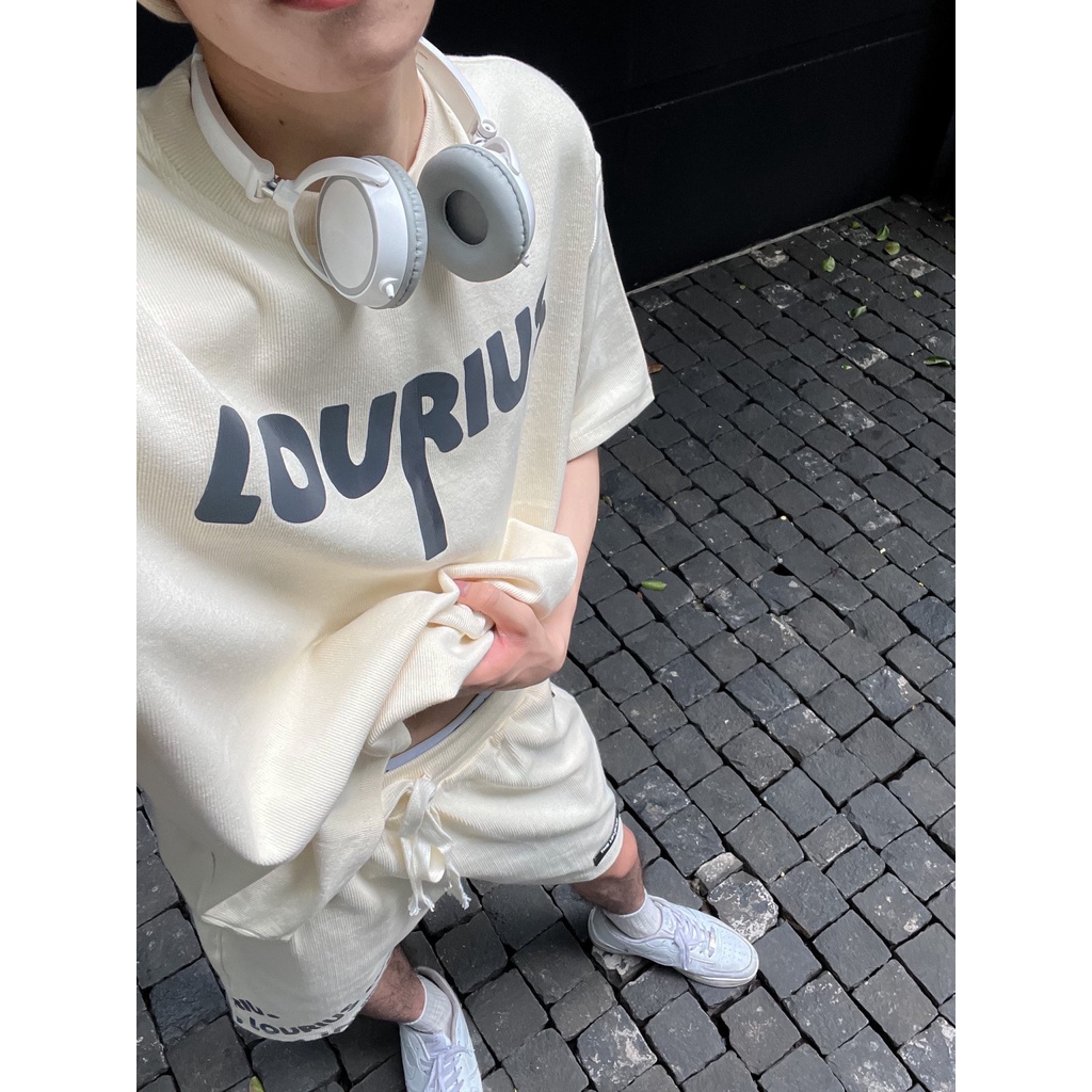 Bộ Sản Phẩm Áo Thun, Quần Ngắn Unisex Thun Gân 2 Màu Đen, Kem In Phan Quang