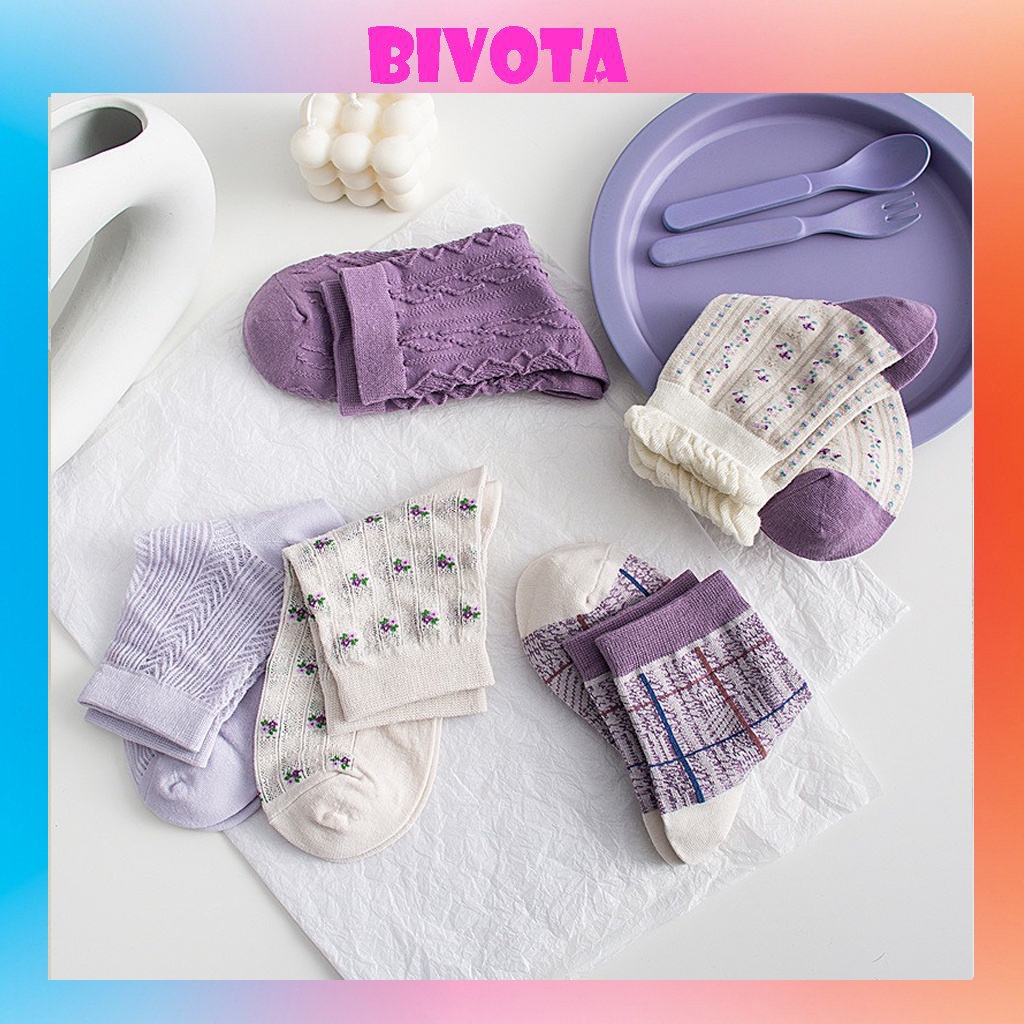 Set 5 đôi tất cổ cao Bivota vớ nữ hàn quốc hoạ tiết tím nhẹ nhàng T84