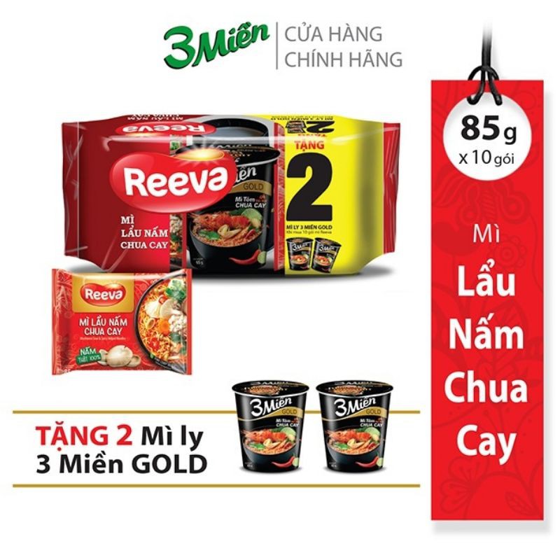 MÌ TÔM REEVA LẨU NẤM CHUA CAY LỐC 10 gói*85g (tặng thêm 2 cốc mì 3 miền chua cay)