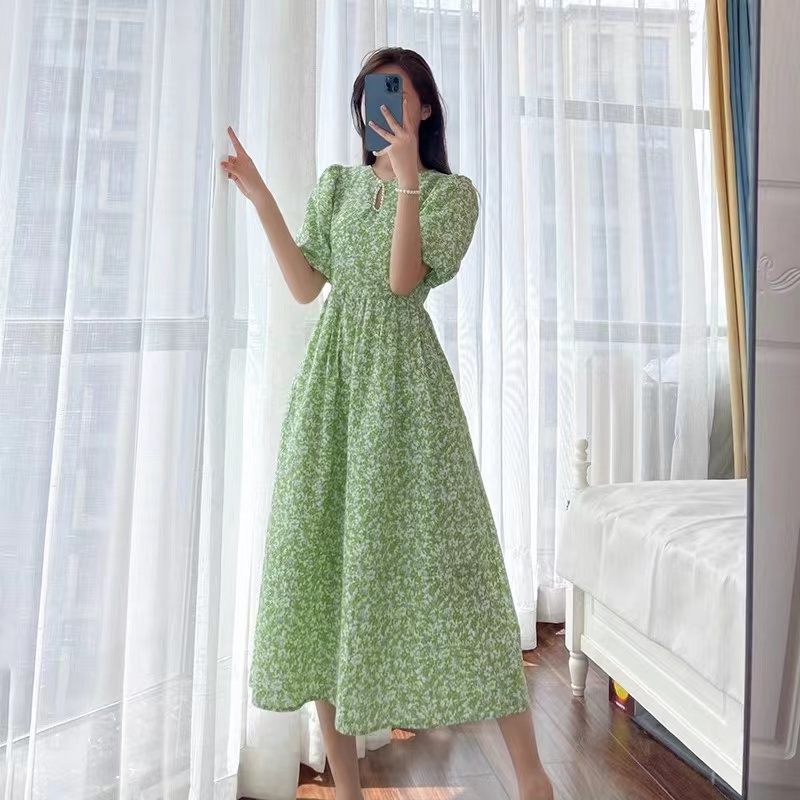 Đầm Dáng Chữ a Cổ Tròn Tay Phồng Đính Hạt Thời Trang Mùa Hè Phong Cách Hàn Quốc Mới