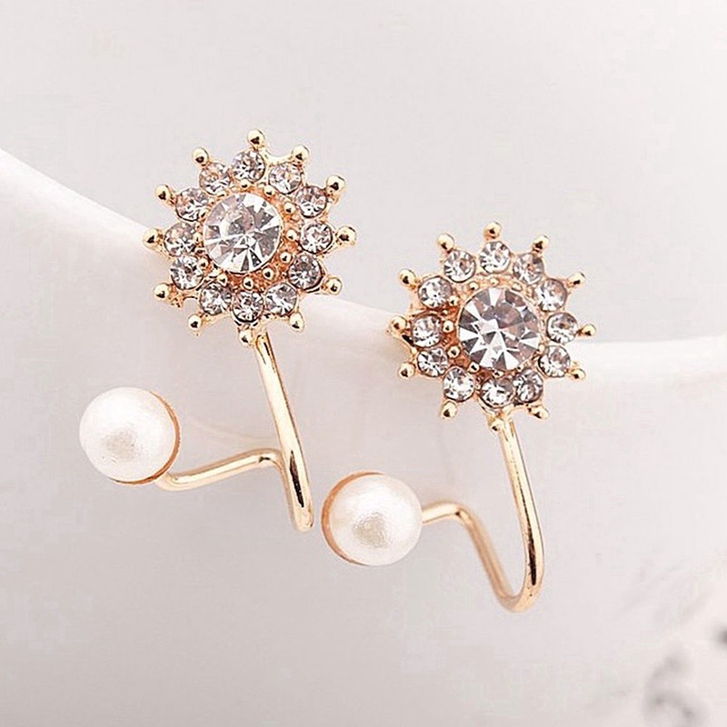 Exquisite Cute Full Diamond Snowflake Sweet Pearl Stud Earrings Girl Student