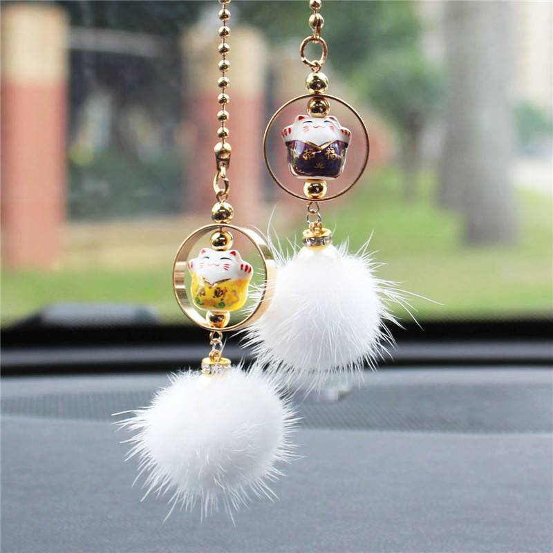 Phụ kiện dây treo trang trí kính xe hơi họa tiết chú mèo may mắn phối quả bông xinh xắn