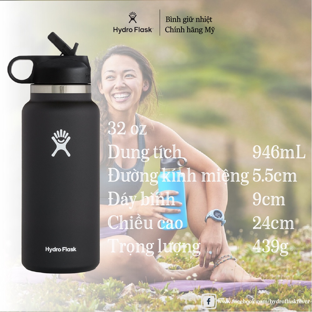 Bình giữ nhiệt Hydro Flask nắp ống hút dung tích 32 oz  - Wide Mouth with Straw Lid Bottle