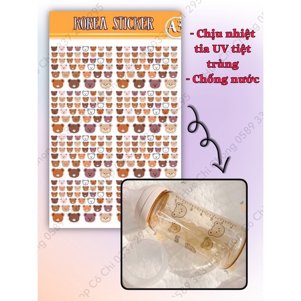 Sticker Hàn Quốc hình Thỏ / Gấu / Mèo/Lạc Đà dán bình sữa chống nước,chịu nhiệt cả tia UV cho bình moyuum hegen grosmini