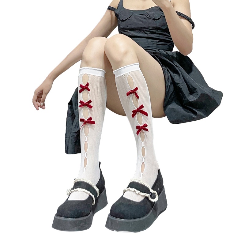 Xiangbao Tất Nhung Dài Qua Gối Đính Nơ Nhỏ Nhiều Màu Sắc Khoét Lỗ Rỗng Kiểu Lolita Cho Nữ