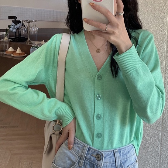 【ZHELIHANGFEI】Áo Cardigan Dệt Kim Tay Dài Cổ Chữ V Lưng Cao Dễ Phối Đồ