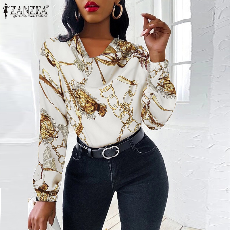Áo kiểu nữ ZANZEA ôm dáng tay dài cổ tròn cổ tay phối chun co giãn in họa tiết kiểu cổ điển gợi cảm thời trang