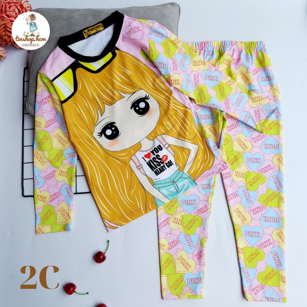 Bộ dài tay thun lạnh in hình hoạt hình siêu đáng yêu cho bé gái size đại từ 22-45kg - Đồ bộ bé gái 100% cotton