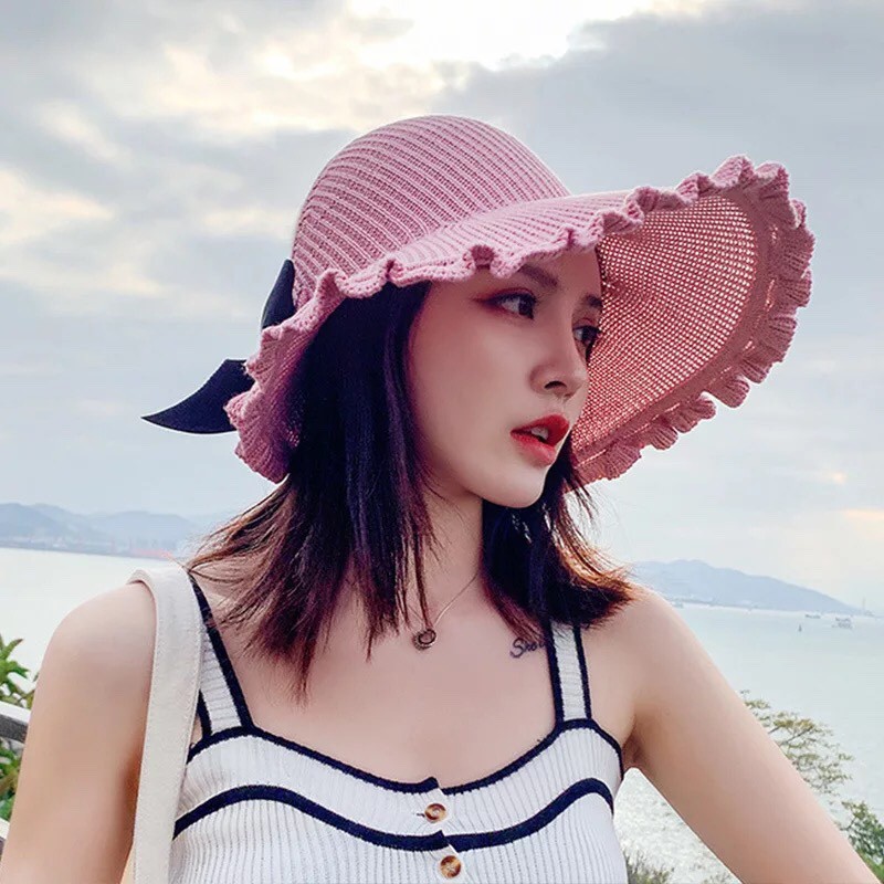 Mũ cói nửa đầu thắt nơ viền bèo hàn quốc