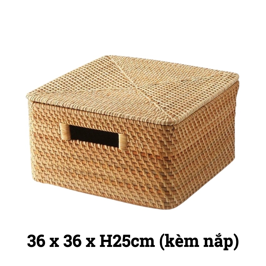 Giỏ mây đan thủ công Việt Nam BAMBOOO ECO hình vuông có tay cầm đựng đồ chơi, đồ giặt, sách vở sử dụng cho gia đình