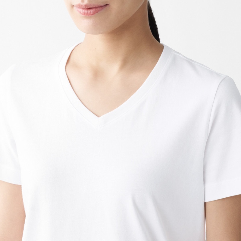 Muji Áo Thun Vải Jersey Cotton Ấn Độ Cổ V Ngắn Tay