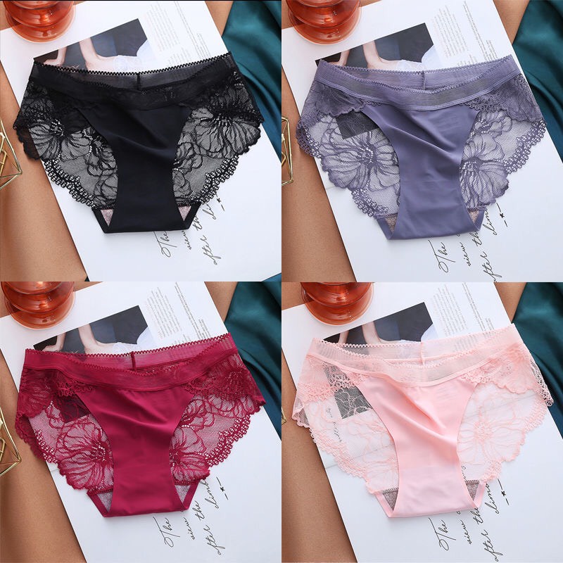 Quần Lót Nữ Thun Lạnh Đúc Su Phối Ren Hoa Cạp Thấp Sexy Mềm Mại PINK STORE QL8423