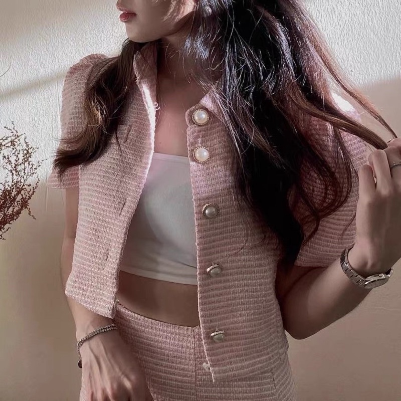 Set áo dạ nút ngọc + chân váy hồng phong cách cổ điển vintage SAM SAM BOUTIQUE