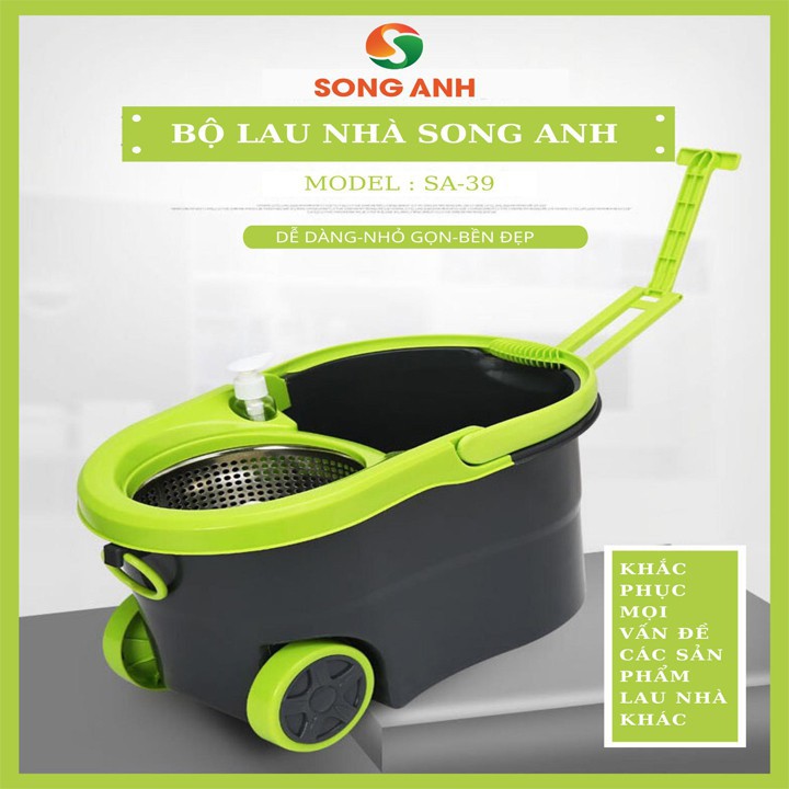 Bộ Chổi Lau Nhà Song Anh Cao Cấp Có Bánh Xe Di Chuyển (Tặng Kèm 2 Bông Lau) Xoay 360 Độ