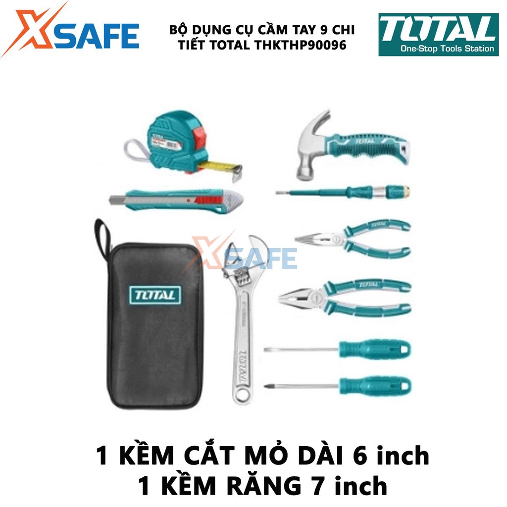 Bộ đồ nghề cầm tay 9 chi tiết TOTAL THKTHP90096 9 dụng cụ gồm thước cuộn, tua vít, mỏ lết, kìm, búa, bút thử điện, dao