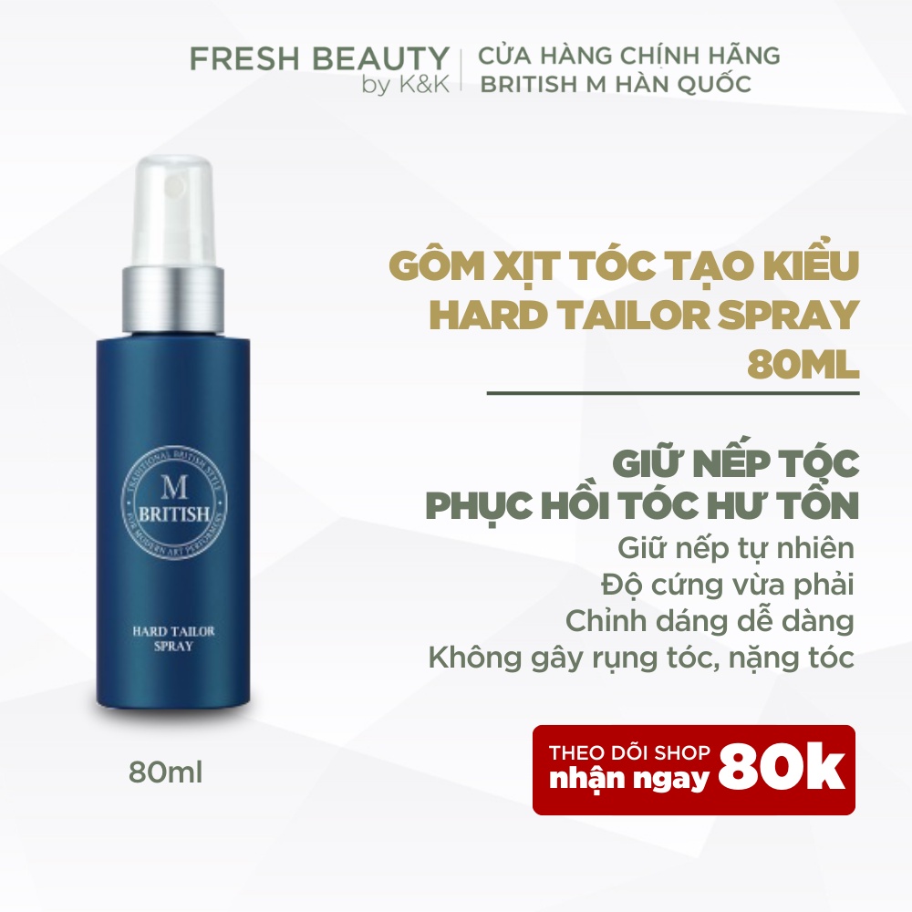 Gôm xịt tóc (keo xịt tóc)nam nữ BRITISH M Hard Tailor Spray tạo kiểu giữ nếp, không nặng tóc, dễ dàng đổi kiểu 80ml