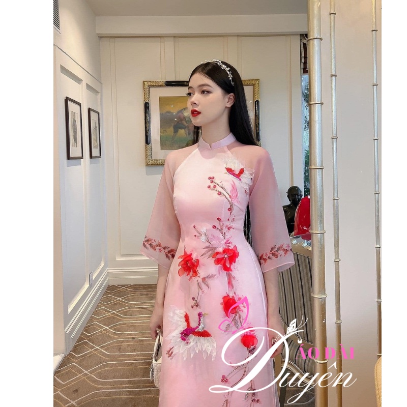 Áo dài cách tân 4 tà họa tiết chim hoa đỏ siêu đẹp hàng cover thiết kế