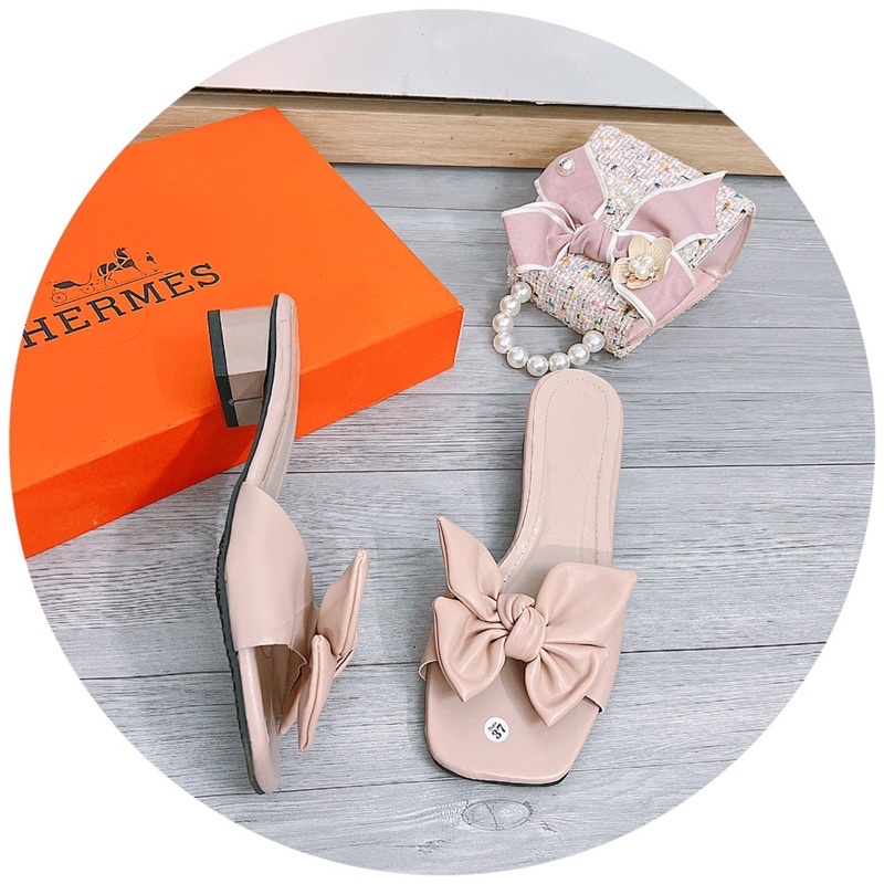 Bán sỉ- Dép cao gót quai ngang da lì nơ 4cánh mới gót vuông 3cm siêu xinh