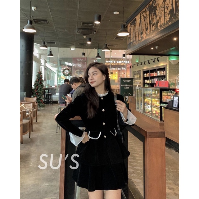 SET NHUNG ĐEN PHỐI BÈO ÁO KHOÁC DẠ CÚC NGỌC KÈM CHÂN VÁY XẾP LY SNDPBN