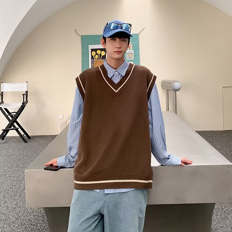 Áo Sweater Dệt Kim Không Tay Cổ Chữ V Màu Sắc Retro Nhật Bản Dành Cho Nam Nữ