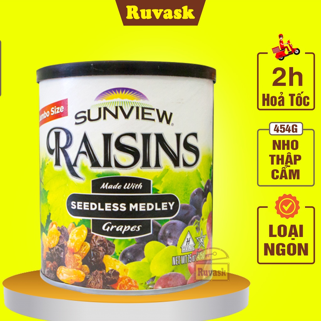 Nho Khô Raisins SUNVIEW Mỹ Hộp 425g 3 Màu - Nho Sấy Khô Raisin Không Đường Gồm Nho Xanh, Đen,Vàng- Đồ Ăn Vặt Đóng Ruvask