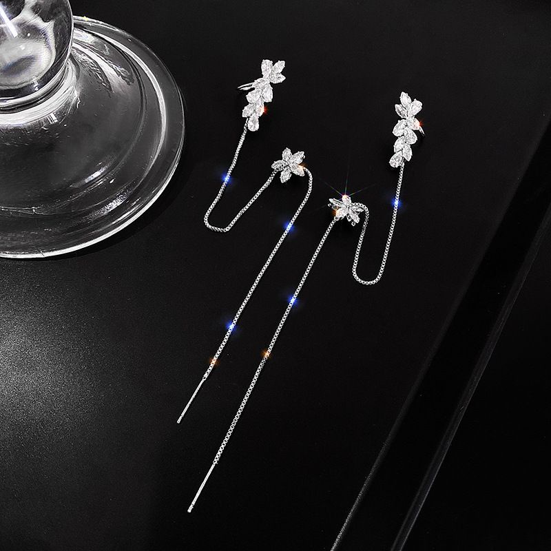Bông tai bạc S925 - Khuyên tai bạc Ý kẹp vành tua dua hoa đá Bling Bling sang trọng, cá tính Vườn Trang Sức  VTSKT0128