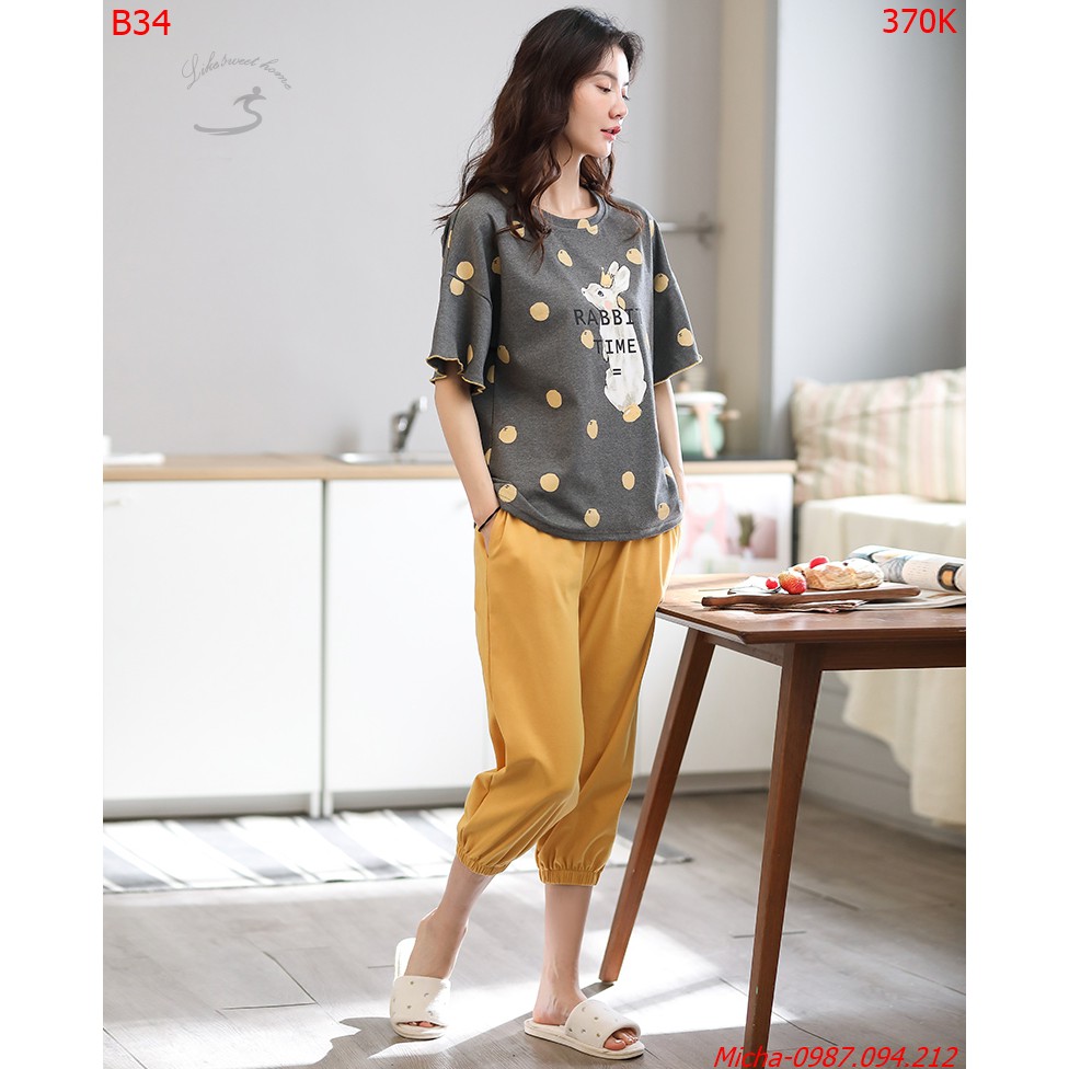 Bộ cotton quần lỡ chun gấu vàng xám hình thỏ - Micha B34