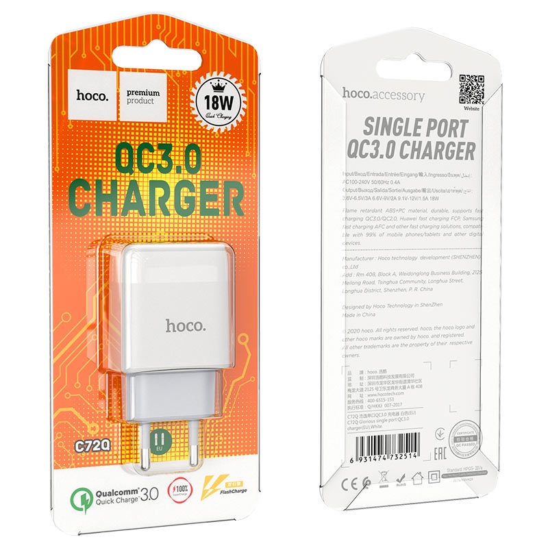 Củ sạc nhanh Hoco C72Q 1 cổng USB sạc nhanh 3A, PD 18W, hỗ trợ sạc cho với nhiều thiết bị điện thoại, table...