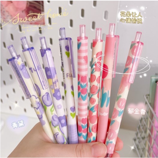 Hộp 4 bút bi bấm họa tiết dễ thương, bút bi gel mực đen cute có chặn ngòi