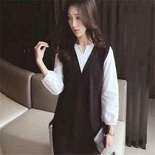 Váy Bầu Đen Phối Trắng Cổ Khoét V