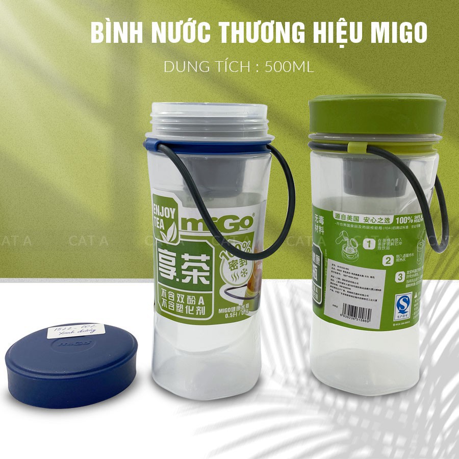 Bình nước, bình nước bằng Nhựa BPA FREE MIGO Cao cấp - 1522 - An toàn, trong suốt, có rây lọc, quai xách tiện lợi