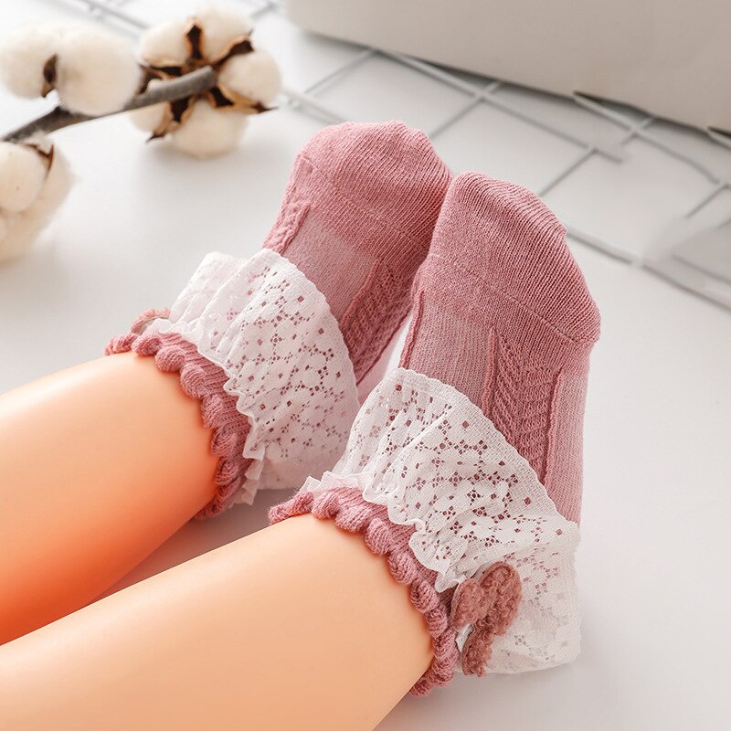 Tất cotton cổ thấp phối ren lưới thoáng khí phong cách công chúa thời trang mùa hè cho bé gái
