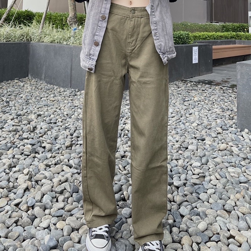 Quần kaki jean xanh rêu ống rộng,dáng suông phong cách Ulzzang hàn quốc nặng động trẻ trung-Minxy shop