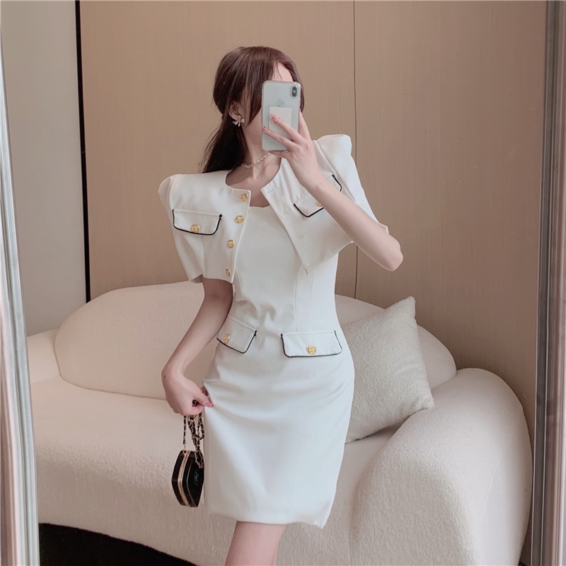 Bộ Áo Khoác Ngắn + Đầm Hai Dây Ôm Dáng Phong Cách Hàn Quốc Thời Trang Mùa Hè Dành Cho Nữ