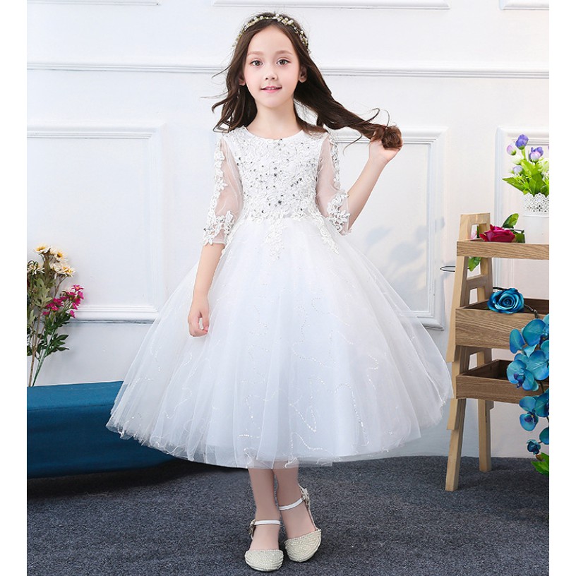 Váy Đầm Trắng Cườm Hoa Bé Gái T25