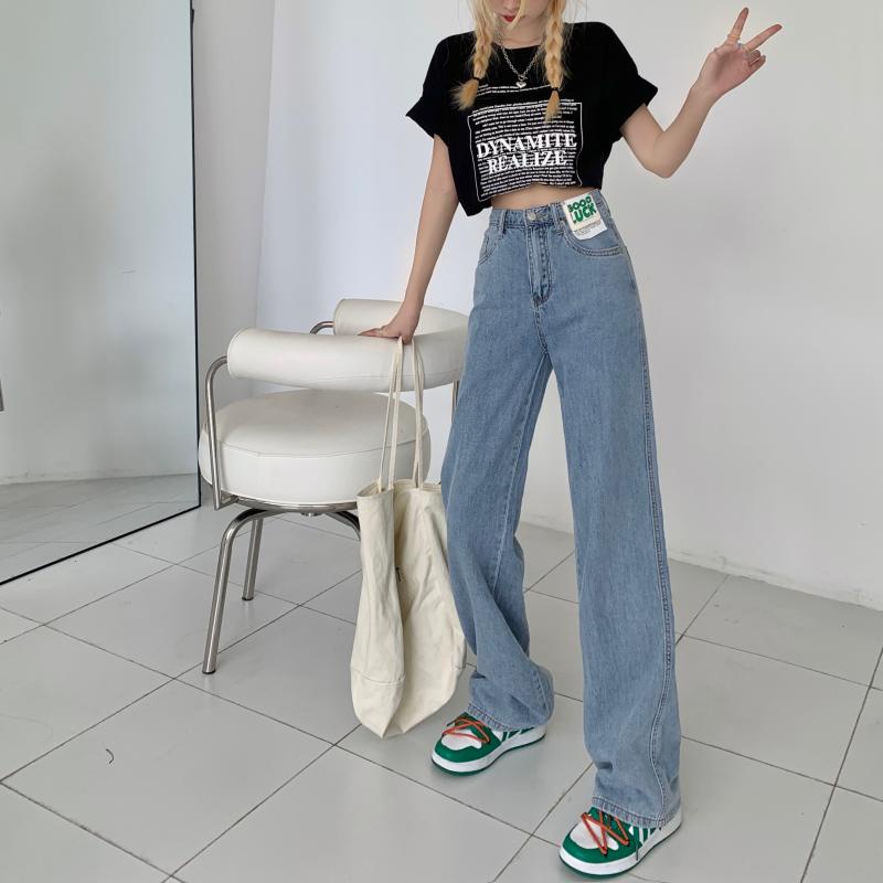 QKOOLE  Quần jean nữ lưng cao dáng rộng phong cách Hàn Quốc