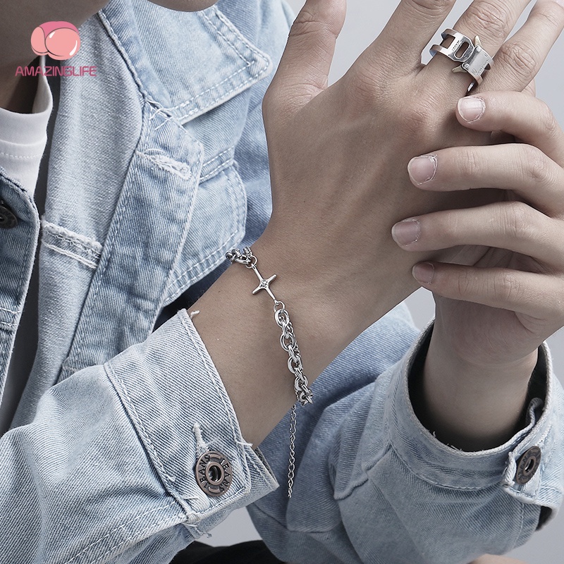 Vòng Tay Dây Xích Hai Lớp Mặt Ngôi Sao Sáu Cánh Có Thể Điều Chỉnh Phong Cách Punk Cổ Điển Cho Cặp Đôi