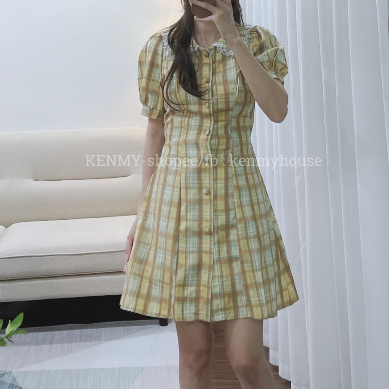 Đầm kẻ cổ viền ren V25