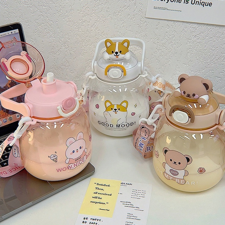 Bình Nước Dung Tích Lớn 1300ml In Họa Tiết Hoạt Hình Có Ống Hút Cho Bé