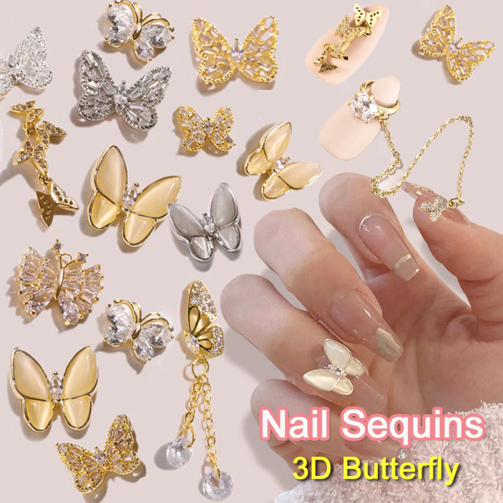 Mặt Trang Trí Móng Tay Hình Bướm Và Mắt Mèo Đính Đá Zircon 3D Sang Trọng