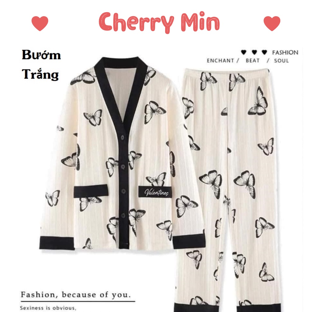 [Video Thật] Bộ đồ ngủ cotton nữ dài tay cardigan phong cách Hàn Quốc, bộ đồ thu đông mặc ở nhà CHERRY MIN