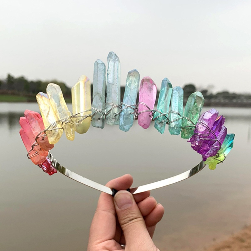 Flgo Băng Đô Cài Tóc Đính Đá Thạch Anh Tự Nhiên Màu Cầu Vồng Phong Cách Boho Cho Đám Cưới