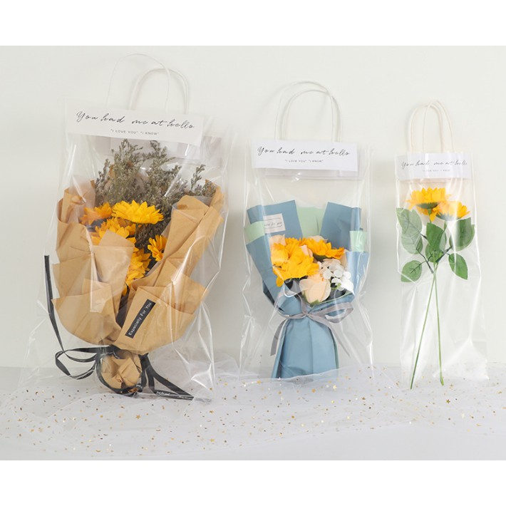 Túi kiếng đựng hoa trong suốt, quai giấy, dùng đựng hoa, gấu, quà tặng