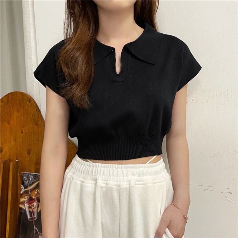 Áo Thun Crop Top Dệt Kim Tay Ngắn Cổ Chữ V Màu Trơn Eo Co Giãn Thời Trang Mùa Hè Cho Nữ
