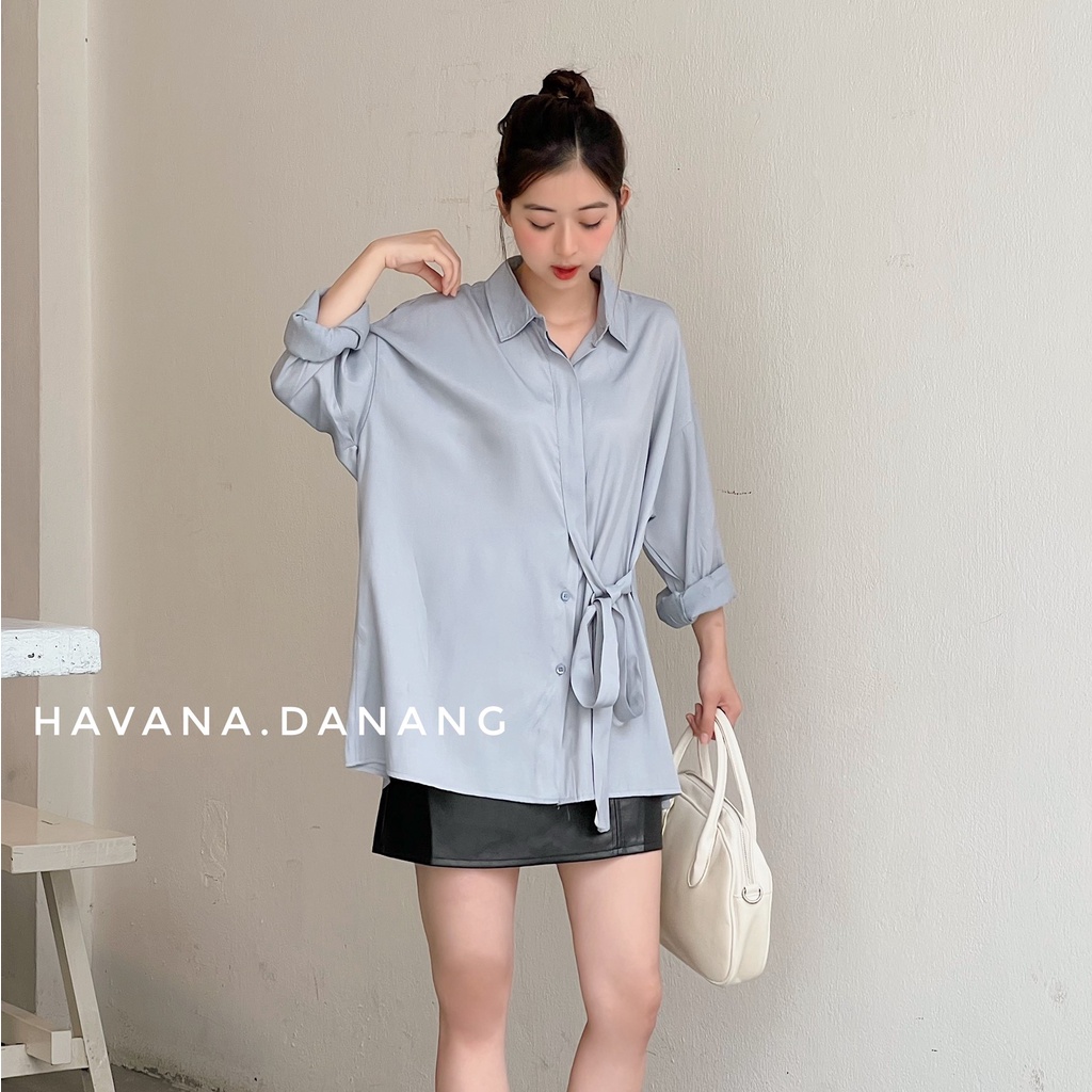 Áo sơ mi lụa nữ dài tay, sơ mi buộc eo mềm mịn freesize