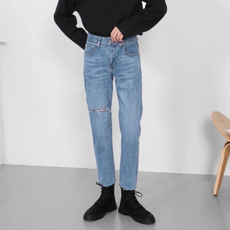 QUẦN JEANS SKINNY CO DÃN RÁCH GỐI 1 BÊN FORM UNISEX NAM NỮ (kèm ảnh thật)